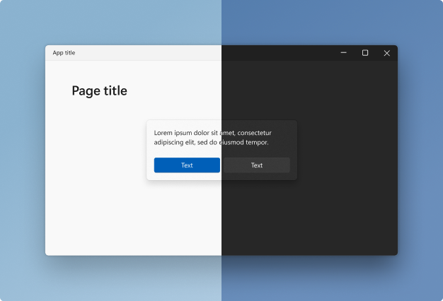 왼쪽은 밝은 모드, 오른쪽은 어두운 모드인 창 및 모달 대화 상자