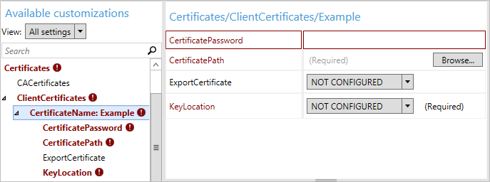 Windows 구성 디자이너에서 클라이언트 인증서에 대한 추가 설정을 사용할 수 있습니다.