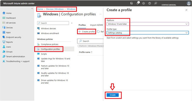 Microsoft Intune 관리 센터의 Windows 구성 프로필 만들기 스크린샷