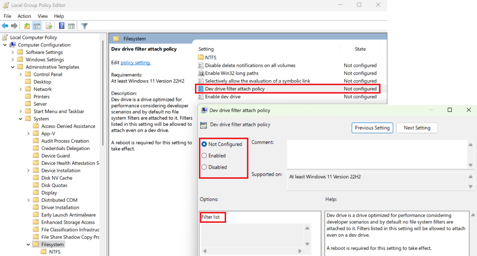 로컬 그룹 정책 편집기에서 Dev Drive 필터 연결 정책 및 필터 목록을 선택하는 스크린샷