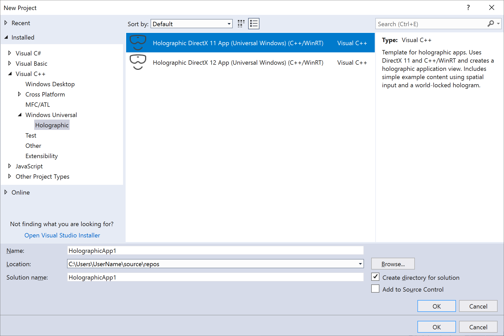 Visual Studio 2017의 Holographic DirectX 11 C++/WinRT UWP 앱 프로젝트 템플릿 스크린샷