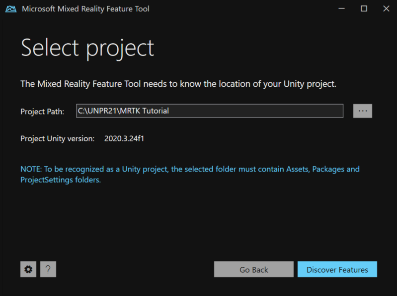 Mixed Reality Feature Tool 프로젝트 경로 창의 스크린샷