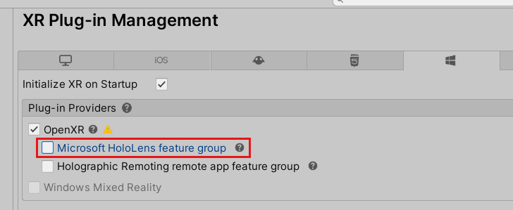 OpenXR 플러그 인과 Microsoft HoloLens 기능 그룹이 강조 표시된 프로젝트 설정 창의 스크린샷