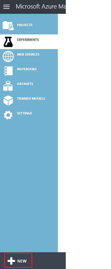 메뉴의 강조 표시된 새로 만들기 단추를 보여 주는 Microsoft Azure Machine Learning Studio 클래식 포털의 스크린샷.