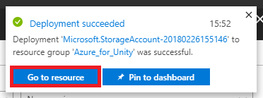 '배포 성공' 창에 강조 표시된 '리소스로 이동' 단추를 보여 주는 스크린샷.