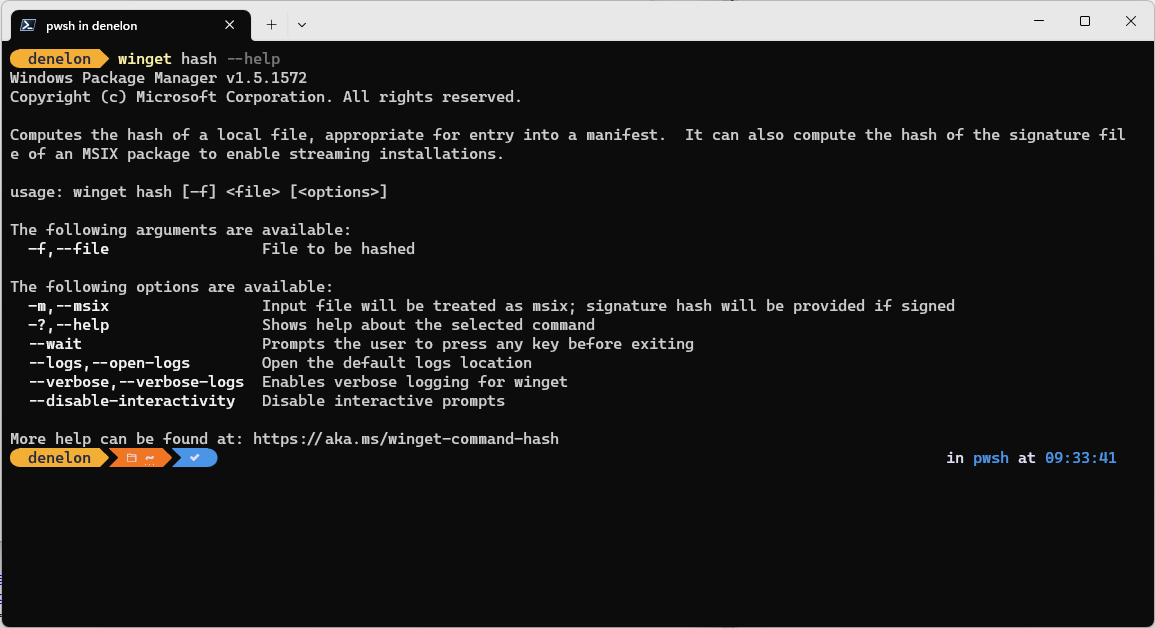 winget hash 명령 도움말 옵션
