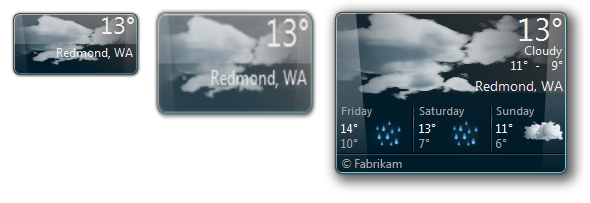 세 가지 크기의 날씨 가젯을 보여 주는 스크린샷.