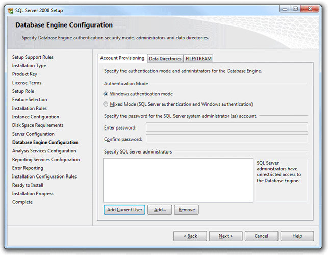 SQL Server 설치 마법사의 스크린샷 