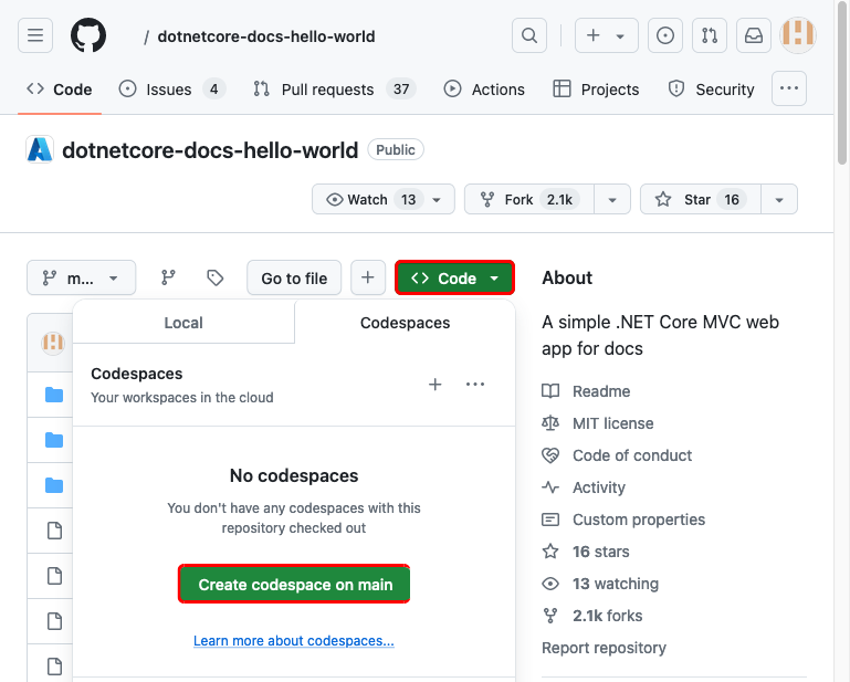 Screenshot showing how to create a codespace in the forked dotnetcore-docs-hello-world GitHub repo.