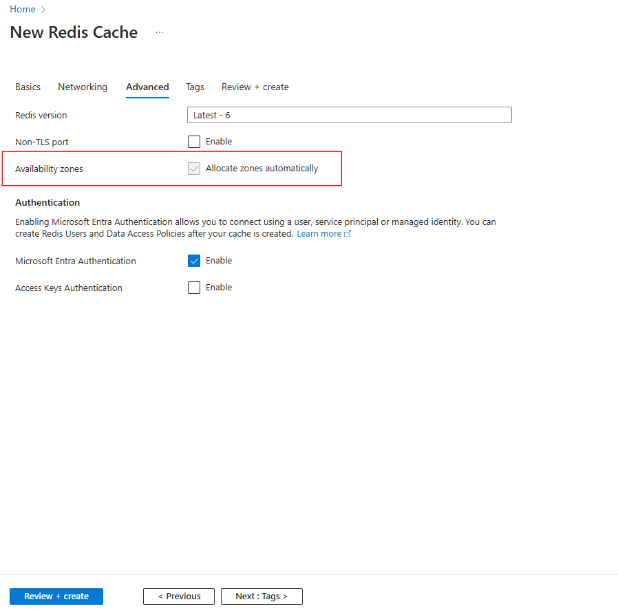 Screenshot showing the Advanced tab with a red box around Availability zones for Standard cache.