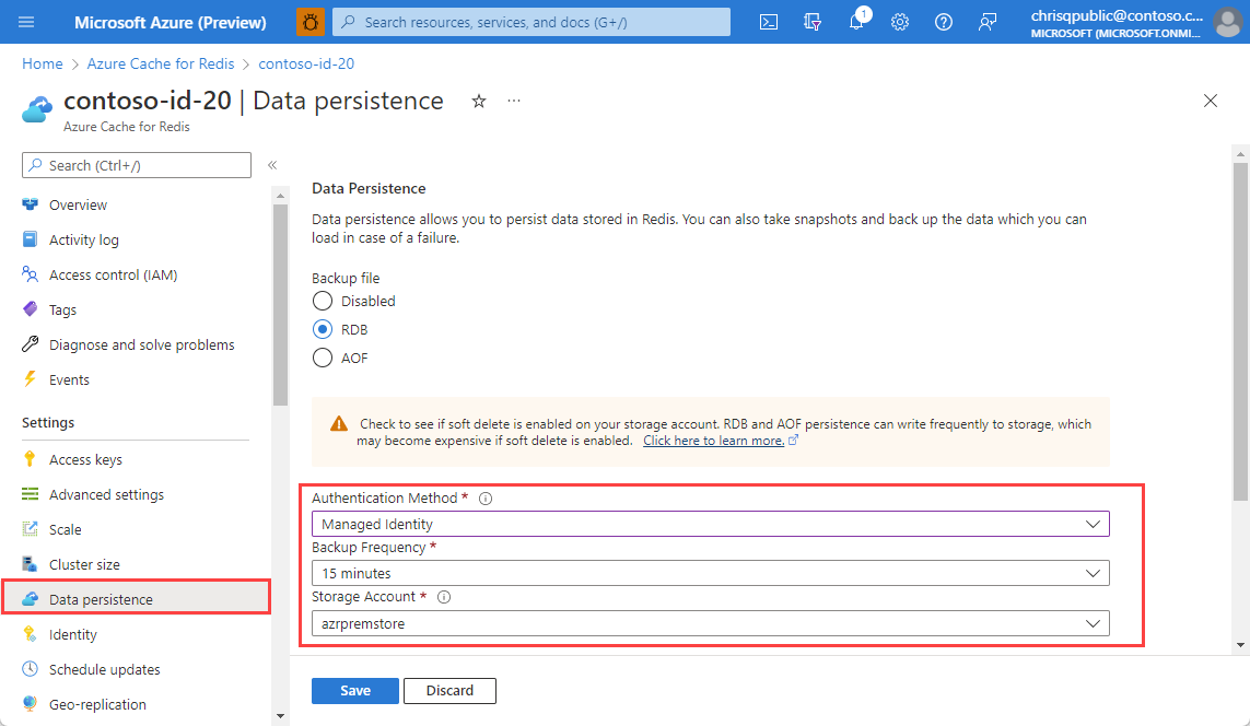 Screenshot showing data persistence pane with authentication method selected.