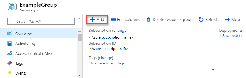 Screenshot of adding a resource to a resource group in Azure portal