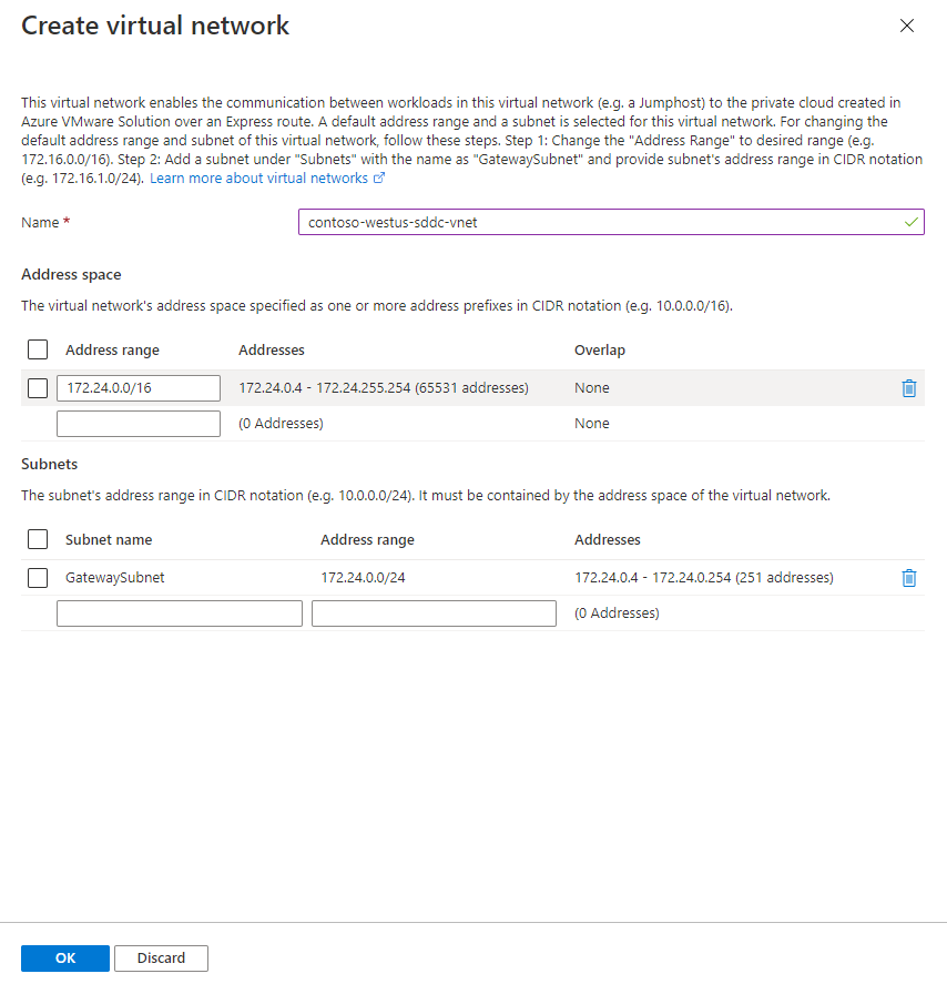 Screenshot that shows the pane for creating a virtual network.