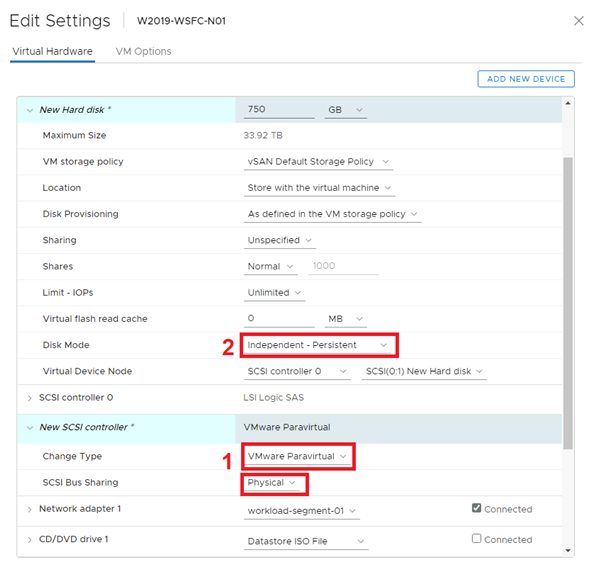 Screenshot showing the Edit Settings page for virtual hardware.