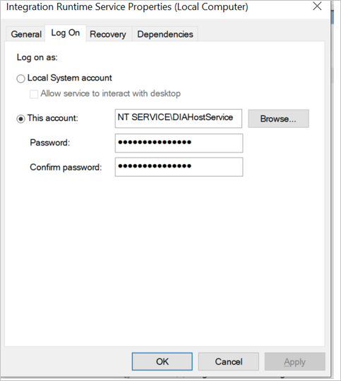 Screenshot of the Logon service account properties pane.