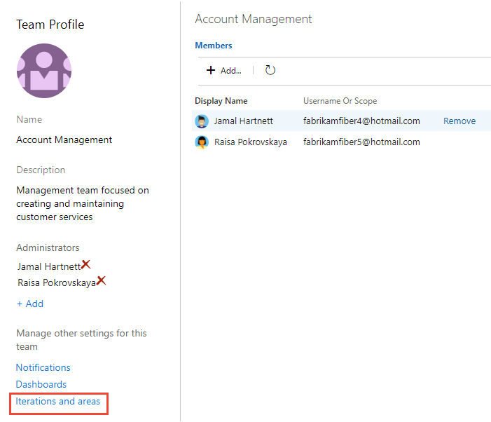 Screenshot shows Team Profile, choose Iterations and area.