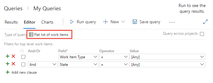 Screenshot of Query Editor with flat list of work items selected.