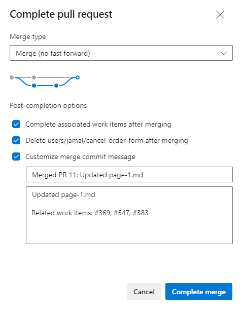 Complete pull request dialog, Complete linked work items after merging