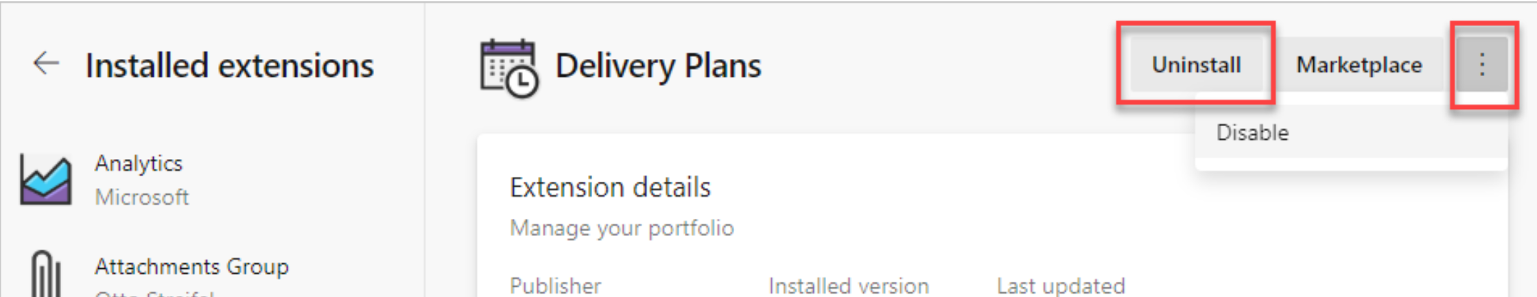Screenshot showing Disable or uninstall extension actions.