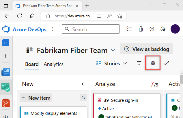 Open board settings for a team, vert nav