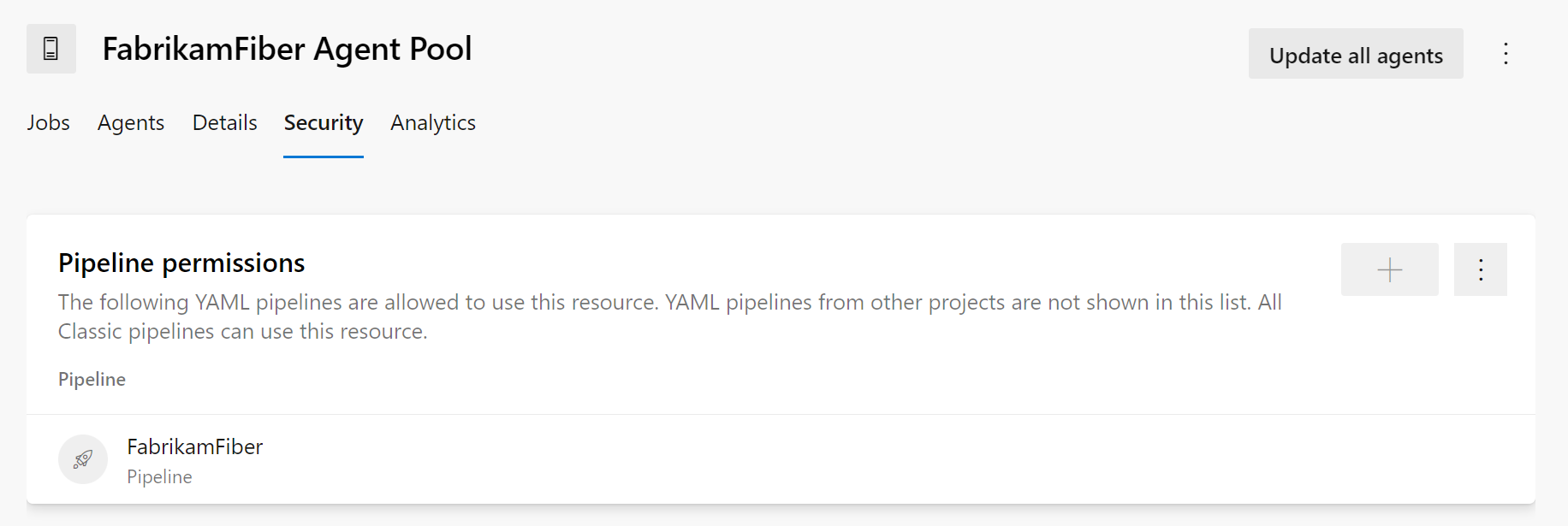 Screenshot of the pipeline permissions user experience for an agent pool.