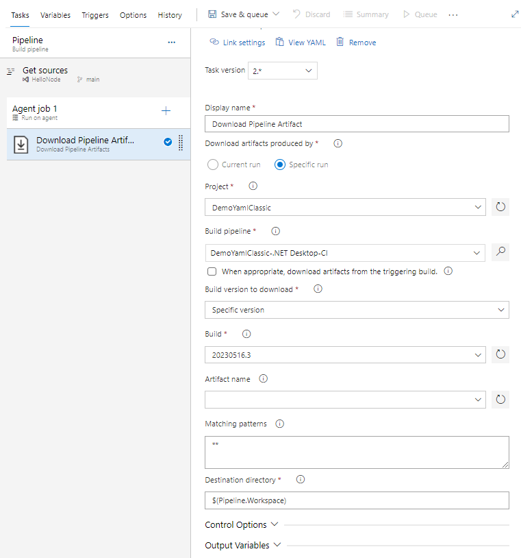 A screenshot displaying how to configure the download pipeline artifacts task to download a specific artifact.