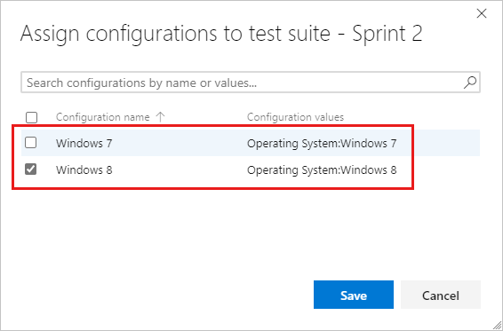 Screenshot showing the Assign configurations to test suite dialog box with some options selected.