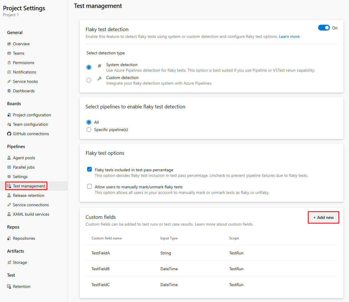 Screenshot of project settings with the test management settings selected and the button to add a new custom field marked by red rectangle.