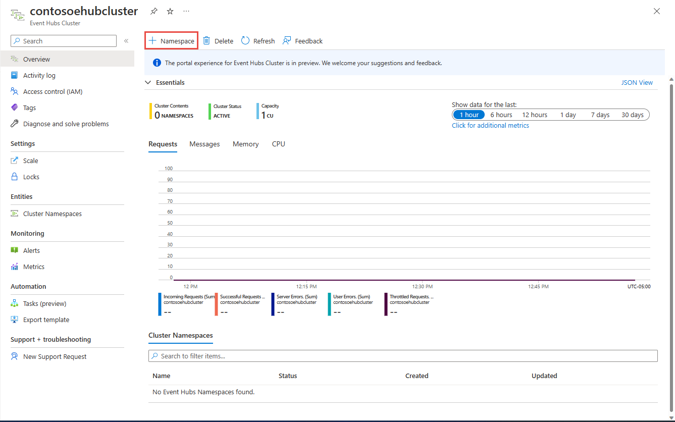 Image showing the Cluster management page - add namespace button.