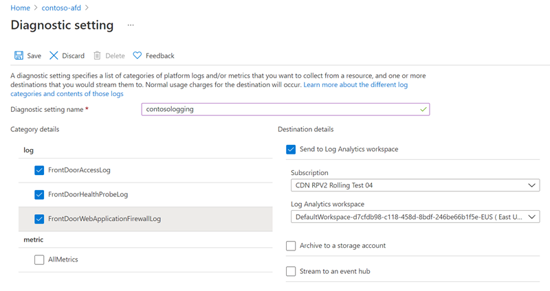 Screenshot of diagnostic settings page.