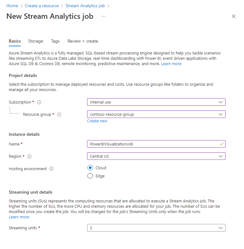 Screenshot that shows creating a Stream Analytics job.