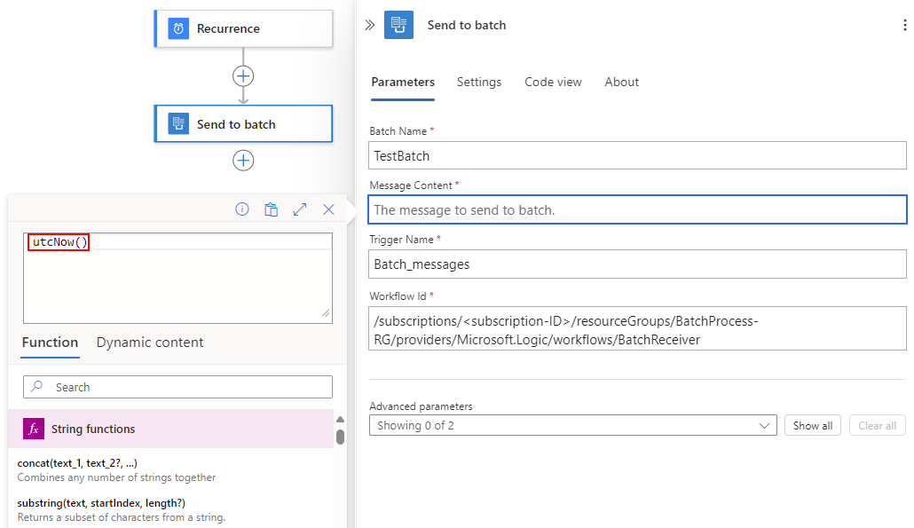 Screenshot shows Standard workflow, batch sender action pane, Message Content box with cursor, expression editor with utcNow function, and other details.