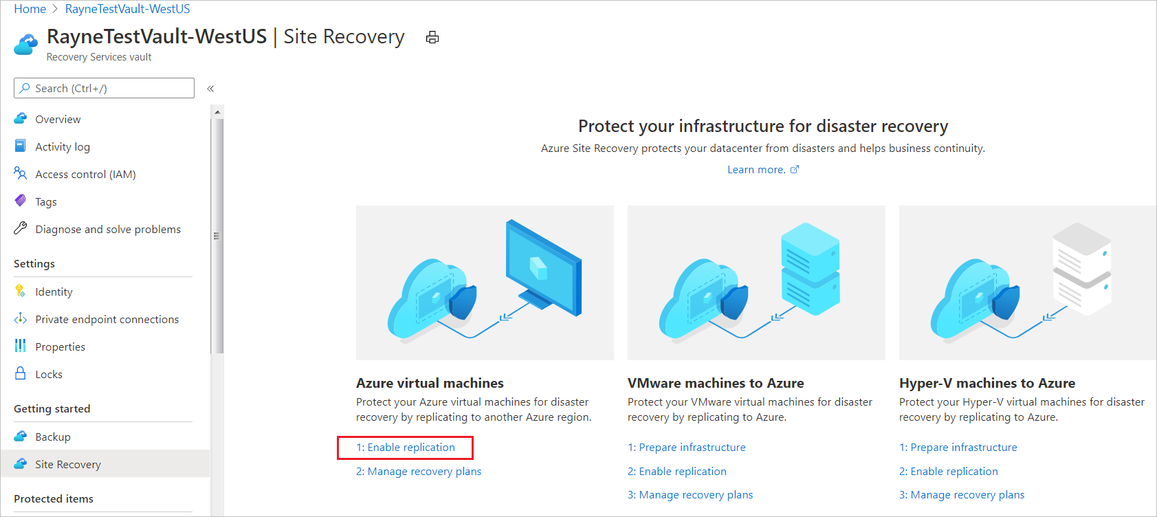 Screenshot showing selection to enable replication for Azure VMs.