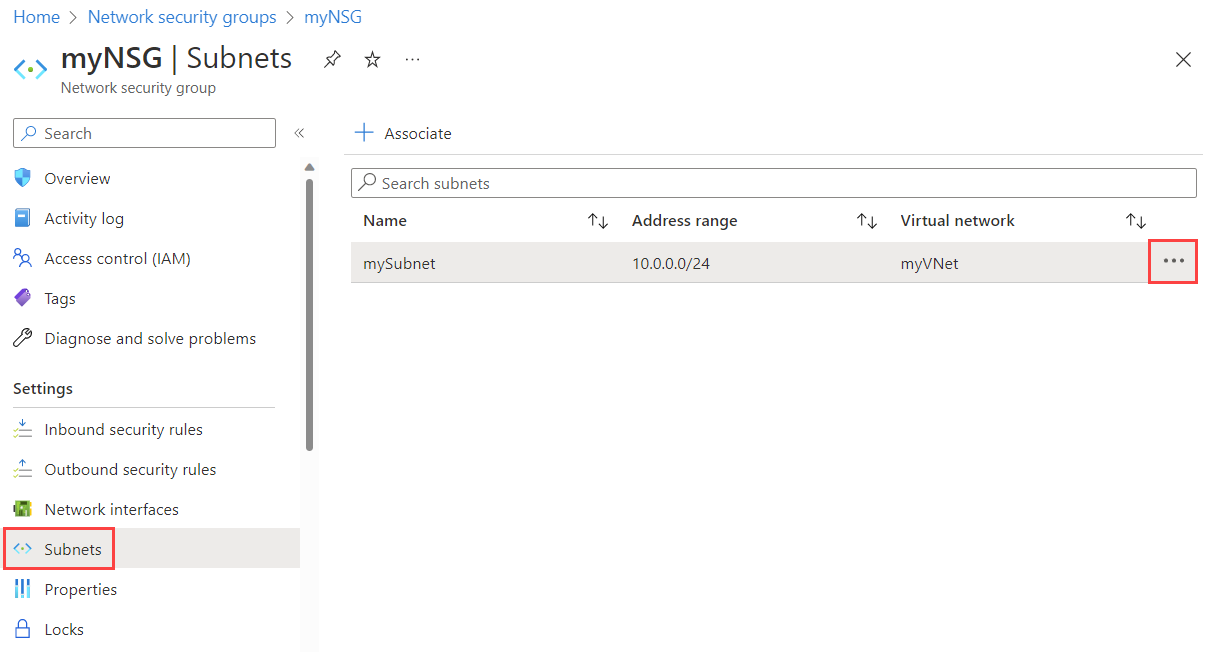 Screenshot that shows dissociating an NSG from a subnet in the Azure portal.