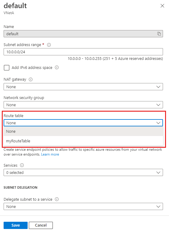 Screenshot of associating a route table to a subnet.