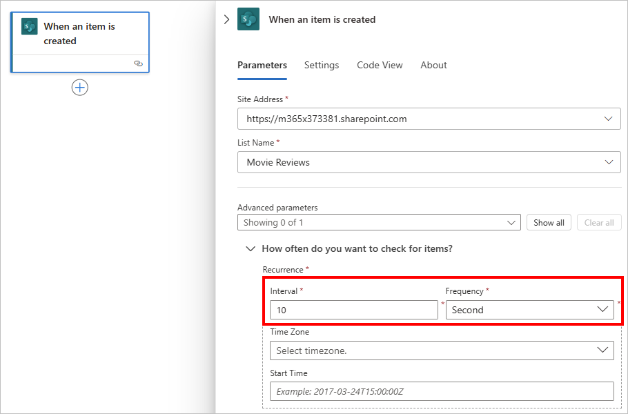 Screenshot shows Consumption workflow designer, SharePoint trigger, and trigger parameters.