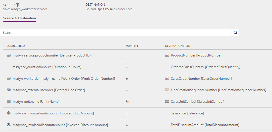 Template mapping in Data integration for Work orders to Sales orders (Field Service to Supply Chain Management): WorkOrderServiceLineUsed.