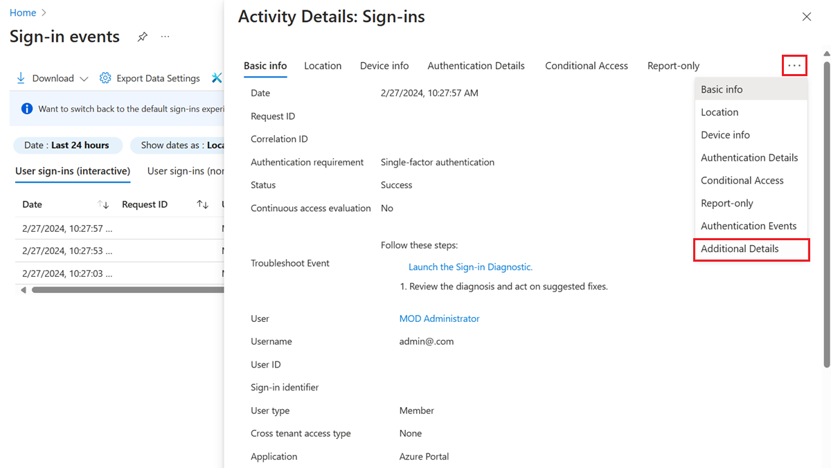 Screenshot of multifactor additional details in the sign-in logs.