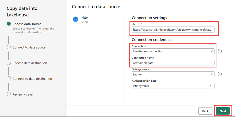 Skjermbilde som viser parameterne for å konfigurere Http-tilkoblingen.