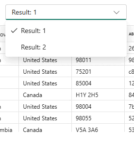 Skjermbilde fra Fabric-portalen i redigeringsprogrammet for SQL-spørring som viser flere resultatsett i rullegardinlisten.