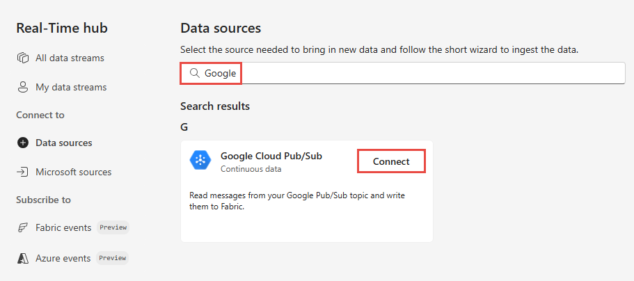 Skjermbilde som viser velg en datakildeside med Google Cloud Pub/Sub valgt.