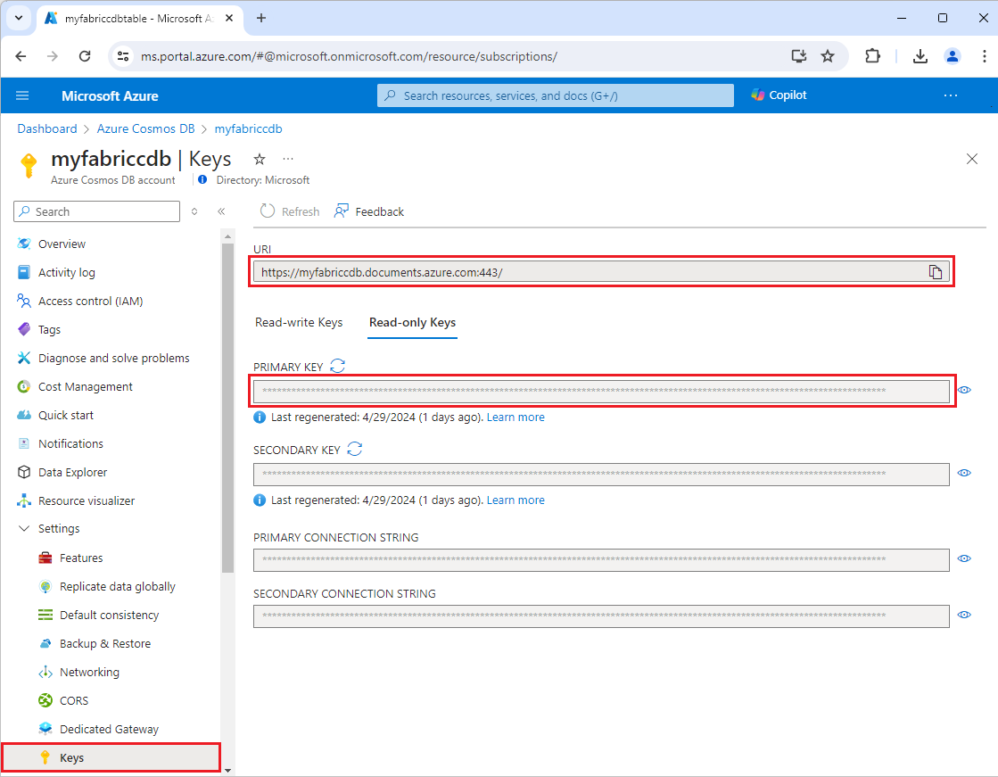 Et skjermbilde av URI- og Primærnøkkelen på Azure Cosmos DB Keys-siden i Azure-portalen.