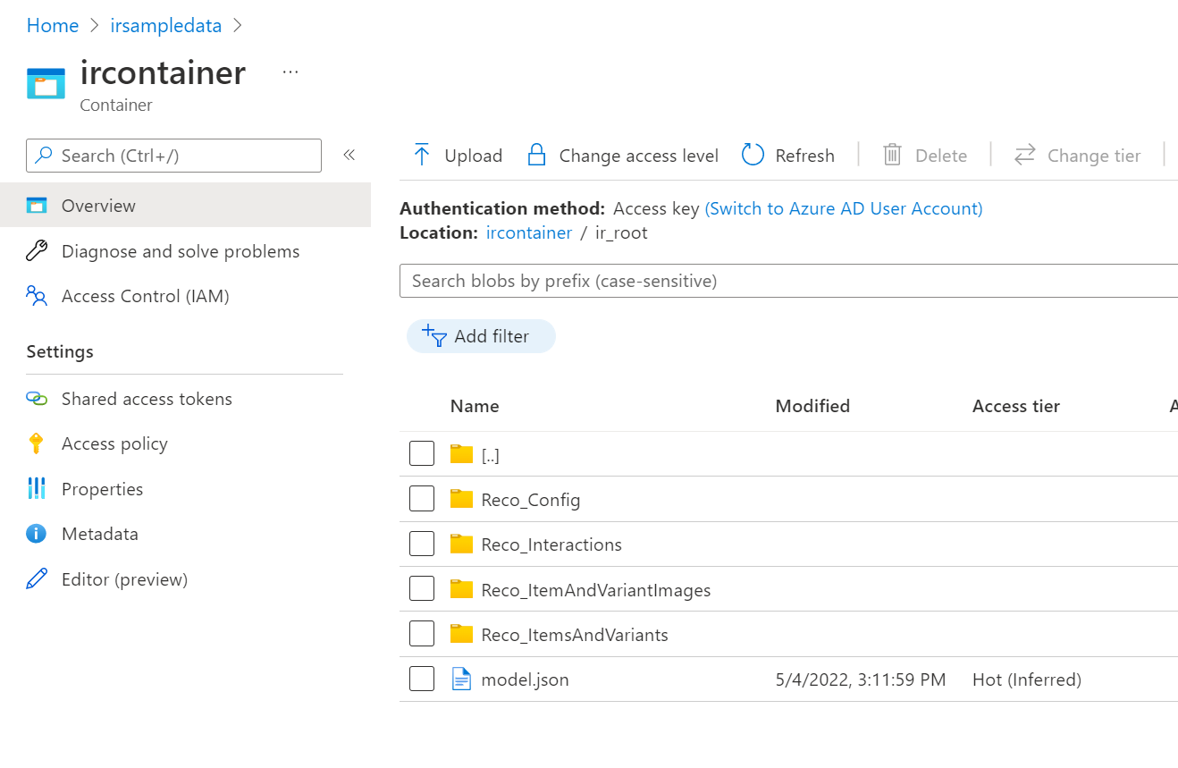 Check names and structure of root folder for Intelligent Recommendations.