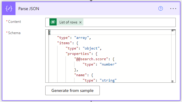 Skjermbilde av JSON-skjema angitt i Analyser JSON-noden.