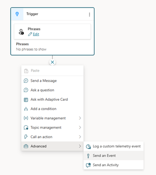 Skjermbilde av tillegging av en Avansert-node, inkludert alternativene Send en hendelse og Send en aktivitet.