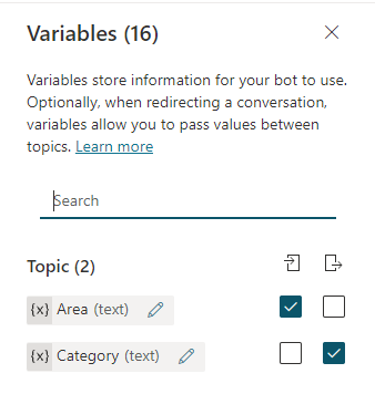 Skjermbilde av redigeringslerretet som viser Variabler-ruten der to variabler og en kombinasjon av inndata og utdata er valgt.