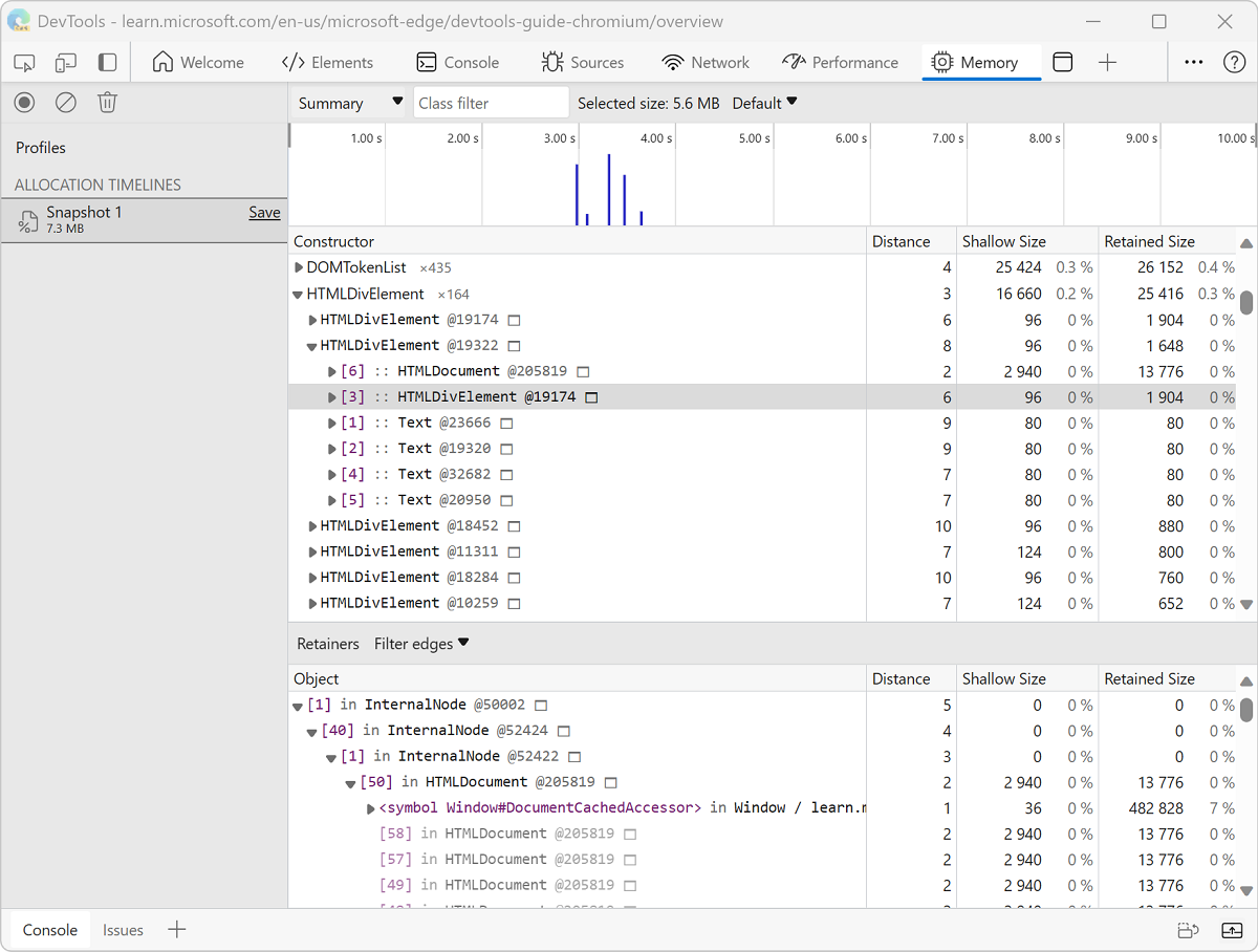 Allocation instrumentation on timeline