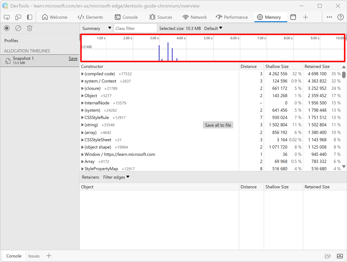 Allocation instrumentation on timeline snapshot