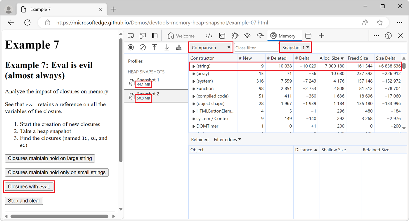 The Comparison view, showing that new strings were created in the second snapshot