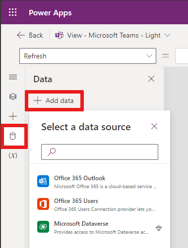 Skjermbilde av kortutformingen med Dataverse-koblinger.